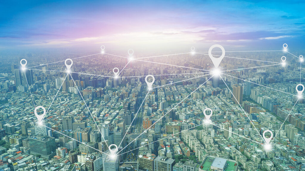 Different sections of a city being targeted by location icons overlayed on top.