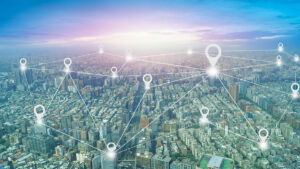 Different sections of a city being targeted by location icons overlayed on top.